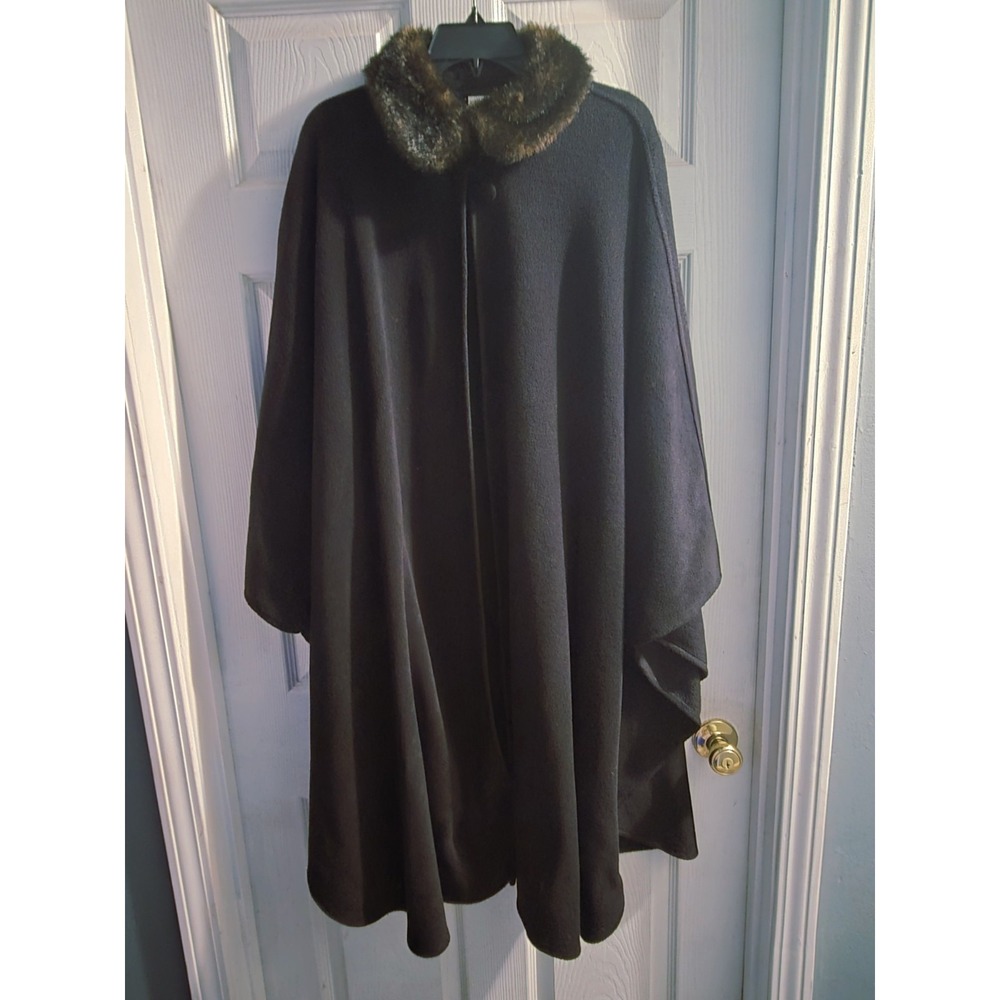 Worthington Vintage Long Black Cape Coat Faux Fur Collar Cape Coat OSize